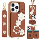 For iPhone 15 Pro Max Crossbody Flower Pattern Leather Phone Case(Brown) - 1