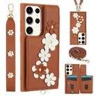 For Samsung Galaxy S22 Ultra 5G Crossbody Flower Pattern Leather Phone Case(Brown) - 1