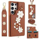 For Samsung Galaxy S24 Ultra 5G Crossbody Flower Pattern Leather Phone Case(Brown) - 1