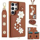 For Samsung Galaxy S25 Ultra 5G Crossbody Flower Pattern Leather Phone Case(Brown) - 1