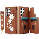 For Samsung Galaxy S25 Ultra 5G Crossbody Flower Pattern Leather Phone Case(Brown) - 2