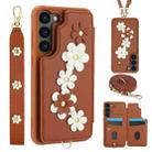 For Samsung Galaxy S25+ 5G Crossbody Flower Pattern Leather Phone Case(Brown) - 1