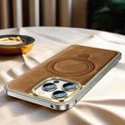 For iPhone 15 Pro Metal Frame Oil Wax Leather MagSafe Phone Case with Spring Buckle Stand(Brown) - 1