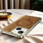 For iPhone 14 Metal Frame Oil Wax Leather MagSafe Phone Case with Spring Buckle Stand(Brown) - 1