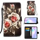 For Xiaomi Redmi 9A Colored Drawing Pattern Plain Weave Horizontal Flip Leather Case with Holder & Card Slot & Wallet & Lanyard(Roses On Black) - 1