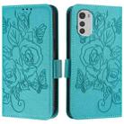 For Motorola Moto E32 4G Embossed Rose RFID Anti-theft Leather Phone Case(Light Blue) - 2