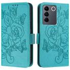 For vivo V27 / V27 5G Pro Global Embossed Rose RFID Anti-theft Leather Phone Case(Light Blue) - 2