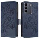 For vivo V27 / V27 5G Pro Global Embossed Rose RFID Anti-theft Leather Phone Case(Dark Blue) - 2