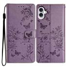 For iPhone 16 Plus Butterfly Love Flower Embossed Leather Phone Case(Purple) - 1