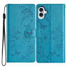 For iPhone 16 Plus Butterfly Love Flower Embossed Leather Phone Case(Blue) - 1