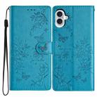 For iPhone 16 Butterflies and Flowers Leather Phone Case(Blue) - 1