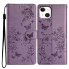 For iPhone 15 Plus Butterfly Love Flower Embossed Leather Phone Case(Purple) - 1