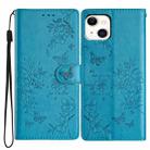 For iPhone 15 Plus Butterfly Love Flower Embossed Leather Phone Case(Blue) - 1