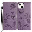 For iPhone 15 Butterfly Love Flower Embossed Leather Phone Case(Purple) - 1