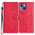 For iPhone 14 Plus Butterfly Love Flower Embossed Leather Phone Case(Red) - 1