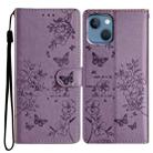 For iPhone 14 Plus Butterfly Love Flower Embossed Leather Phone Case(Purple) - 1