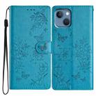 For iPhone 14 Plus Butterfly Love Flower Embossed Leather Phone Case(Blue) - 1