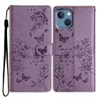 For iPhone 14 Butterfly Love Flower Embossed Leather Phone Case(Purple) - 1