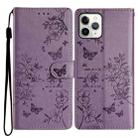 For iPhone 11 Pro Butterfly Love Flower Embossed Leather Phone Case(Purple) - 1