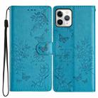 For iPhone 11 Pro Butterflies and Flowers Leather Phone Case(Blue) - 1