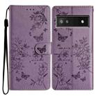 For Google Pixel 6a Butterflies and Flowers Leather Phone Case(Purple) - 1