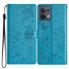 For OPPO Reno8 5G Global Butterfly Love Flower Embossed Leather Phone Case(Blue) - 1