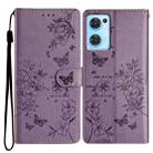 For OPPO Reno7 5G Butterfly Love Flower Embossed Leather Phone Case(Purple) - 1