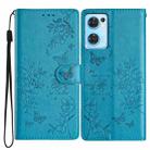 For OPPO Reno7 5G Butterfly Love Flower Embossed Leather Phone Case(Blue) - 1