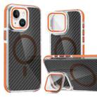 For iPhone 14 Plus Magsafe Dual-Color Carbon Fiber Lens Film Phone Case with Lens Fold Holder(Orange) - 1