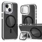 For iPhone 14 Plus Magsafe Dual-Color Carbon Fiber Lens Film Phone Case with Lens Fold Holder(Black) - 1