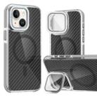 For iPhone 14 Plus Magsafe Dual-Color Carbon Fiber Lens Film Phone Case with Lens Fold Holder(Gray) - 1