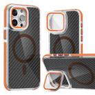 For iPhone 14 Pro Magsafe Dual-Color Carbon Fiber Lens Film Phone Case with Lens Fold Holder(Orange) - 1