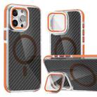 For iPhone 14 Pro Max Magsafe Dual-Color Carbon Fiber Lens Film Phone Case with Lens Fold Holder(Orange) - 1