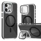 For iPhone 14 Pro Max Magsafe Dual-Color Carbon Fiber Lens Film Phone Case with Lens Fold Holder(Black) - 1