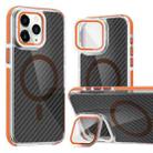 For iPhone 11 Pro Max Magsafe Dual-Color Carbon Fiber Lens Film Phone Case with Lens Fold Holder(Orange) - 1