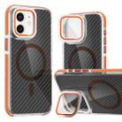 For iPhone 11 Magsafe Dual-Color Carbon Fiber Lens Film Phone Case with Lens Fold Holder(Orange) - 1