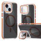 For iPhone 15 Magsafe Dual-Color Carbon Fiber Lens Film Phone Case with Lens Fold Holder(Orange) - 1