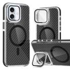 For iPhone 16 Plus Magsafe Dual-Color Carbon Fiber Lens Film Phone Case with Lens Fold Holder(Black) - 1