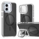 For iPhone 16 Plus Magsafe Dual-Color Carbon Fiber Lens Film Phone Case with Lens Fold Holder(Gray) - 1