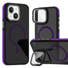 For iPhone 13 / 14 Magsafe Dual-Color Skin Feel Lens Film Phone Case with Lens Fold Holder(Purple) - 1