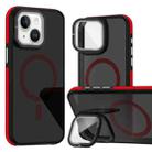 For iPhone 13 / 14 Magsafe Dual-Color Skin Feel Lens Film Phone Case with Lens Fold Holder(Red) - 1