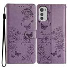 For Motorola Moto E32 Butterflies and Flowers Leather Phone Case(Purple) - 1