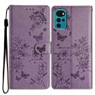 For Motorola Moto G22 Butterflies and Flowers Leather Phone Case(Purple) - 1