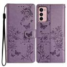 For Motorola Moto G42 Butterflies and Flowers Leather Phone Case(Purple) - 1