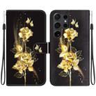 For Samsung Galaxy S25 Ultra 5G Crystal Texture Colored Drawing Leather Phone Case(Gold Butterfly Rose) - 1