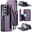 For Samsung Galaxy Z Fold6 5G CaseMe C22 PC+TPU Business Style RFID Anti-theft Lanyard Leather Phone Case with Pen Slot(Purple) - 1