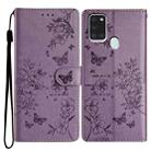For Samsung Galaxy A21s Butterflies and Flowers Leather Phone Case(Purple) - 1