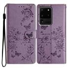 For Samsung Galaxy S20 Ultra Butterflies and Flowers Leather Phone Case(Purple) - 1