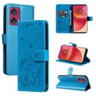 For Motorola Edge 50 Fusion Cat and Bee Embossed Flip Leather Phone Case(Blue) - 1