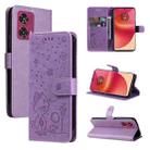 For Motorola Edge 50 Fusion Cat and Bee Embossed Flip Leather Phone Case(Purple) - 1